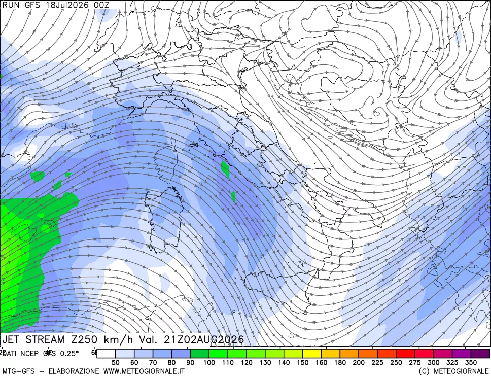 mappa 250 hPa Jet stream
