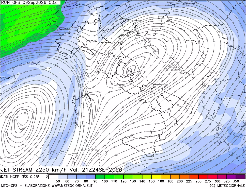 mappa 250 hPa Jet stream