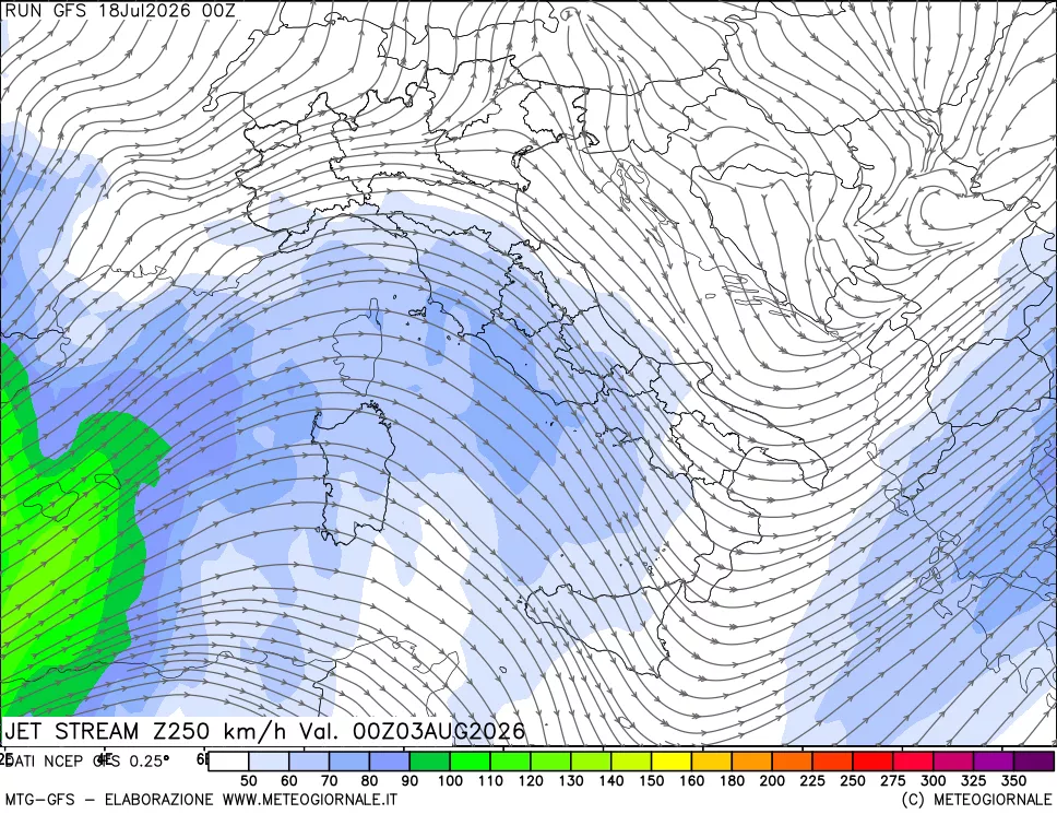 mappa 250 hPa Jet stream