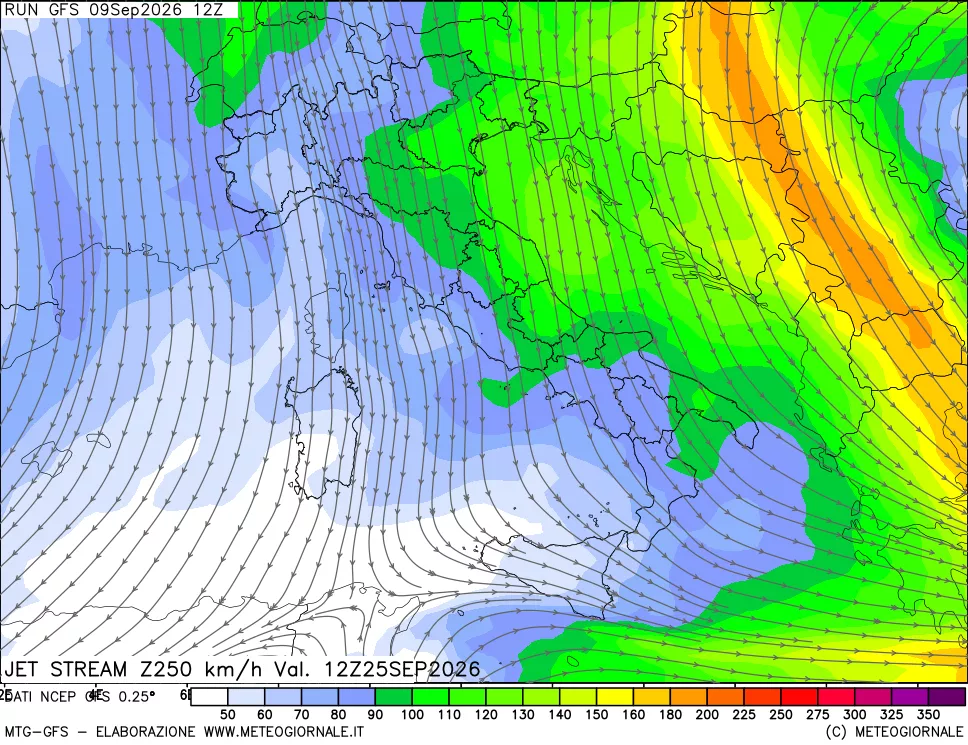 mappa 250 hPa Jet stream