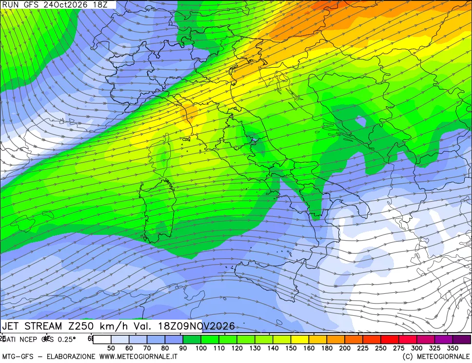 mappa 250 hPa Jet stream