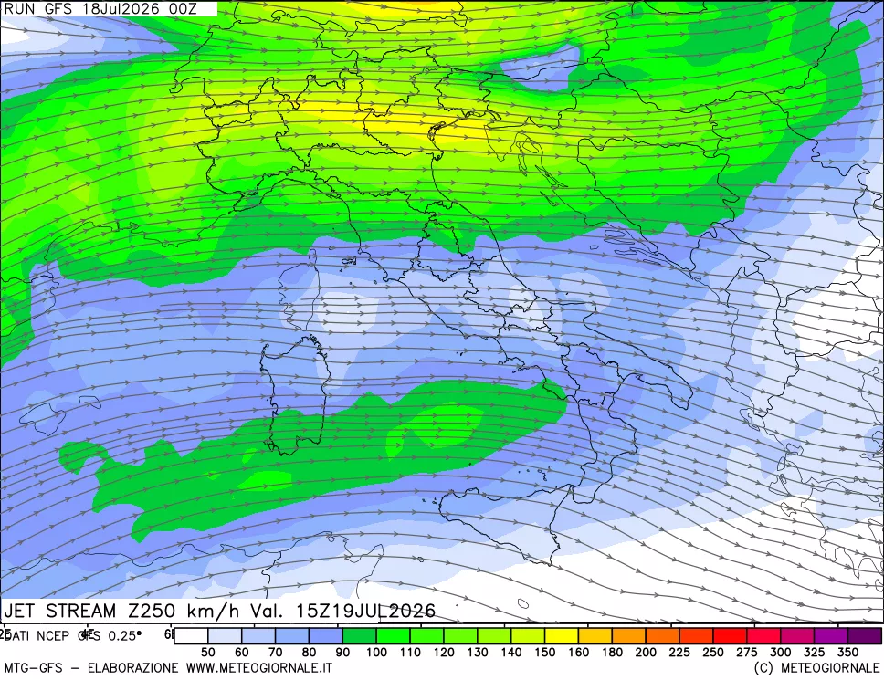 mappa 250 hPa Jet stream