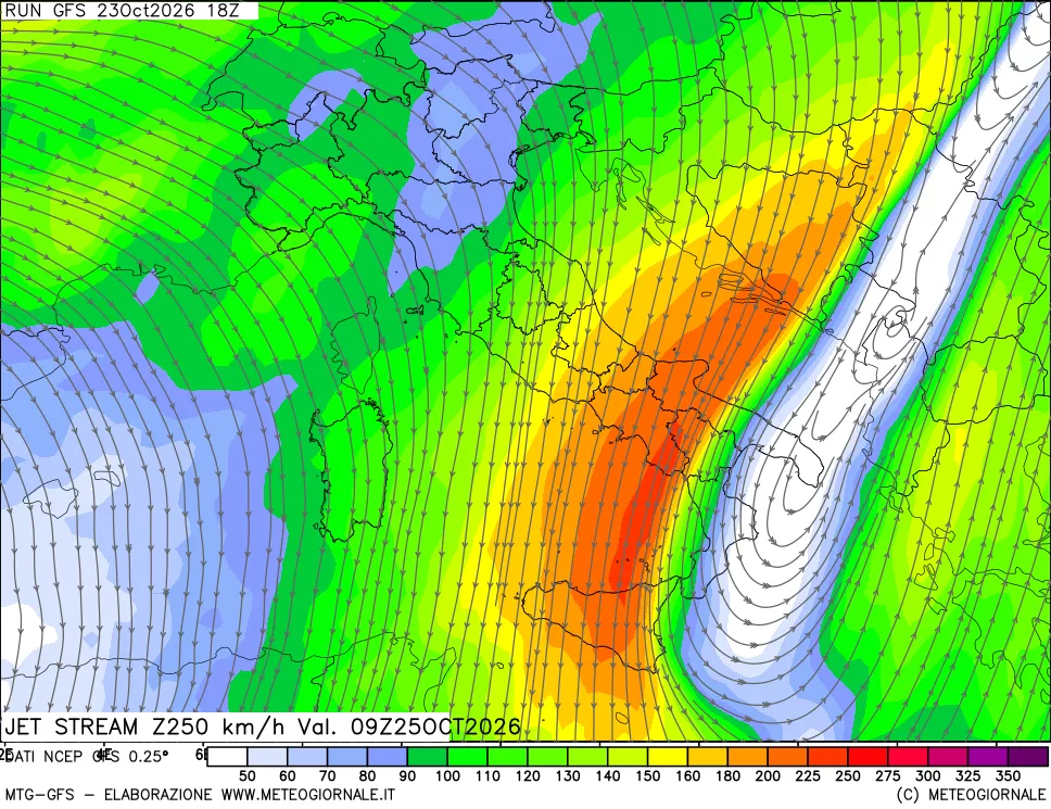 mappa 250 hPa Jet stream