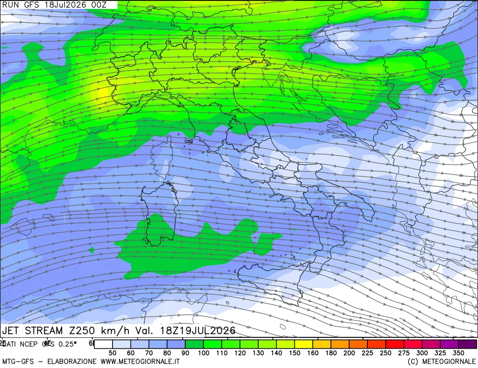 mappa 250 hPa Jet stream