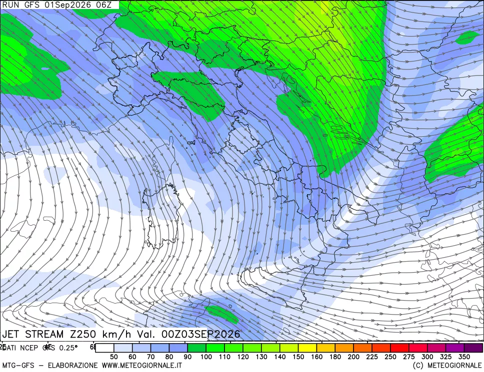 mappa 250 hPa Jet stream