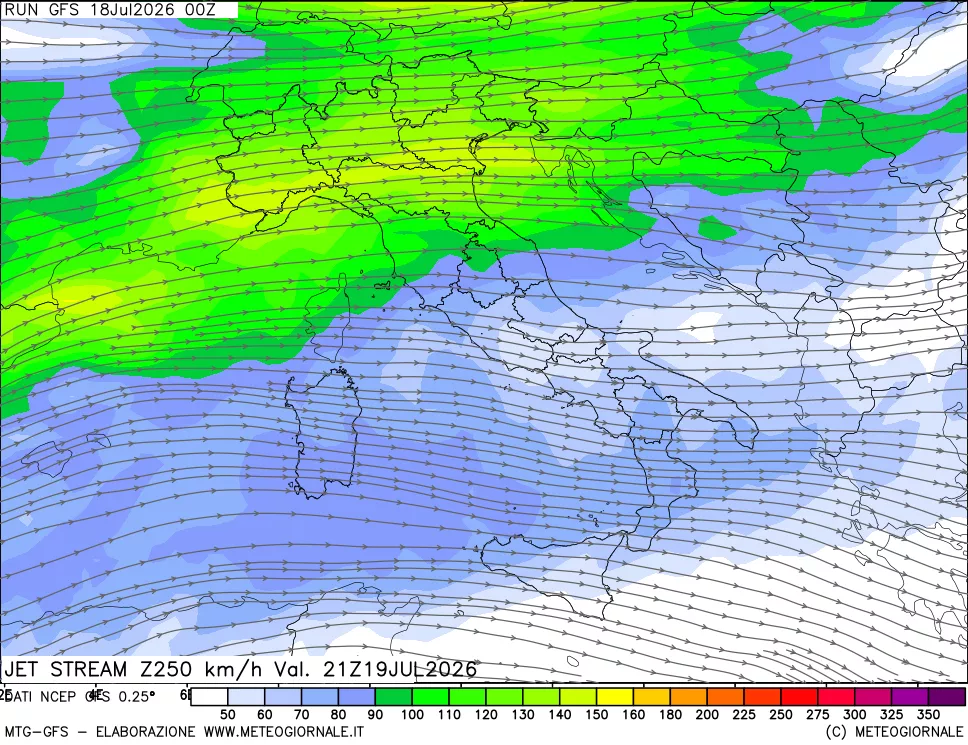 mappa 250 hPa Jet stream