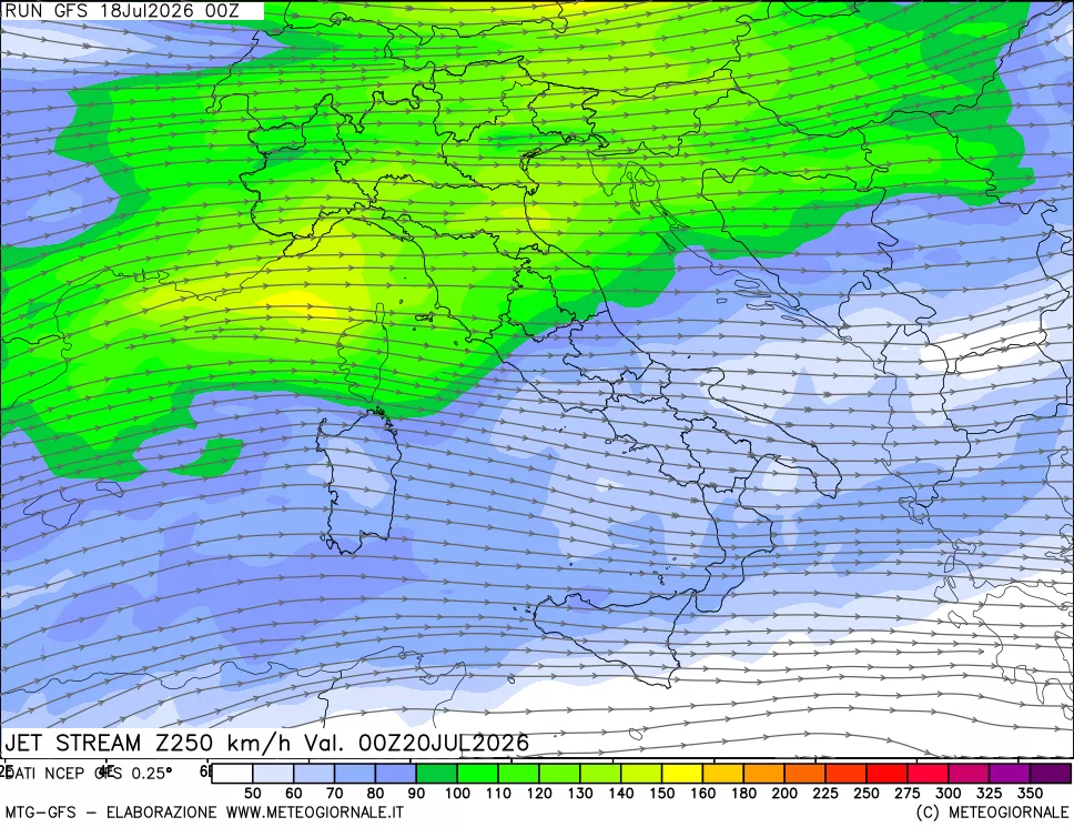 mappa 250 hPa Jet stream