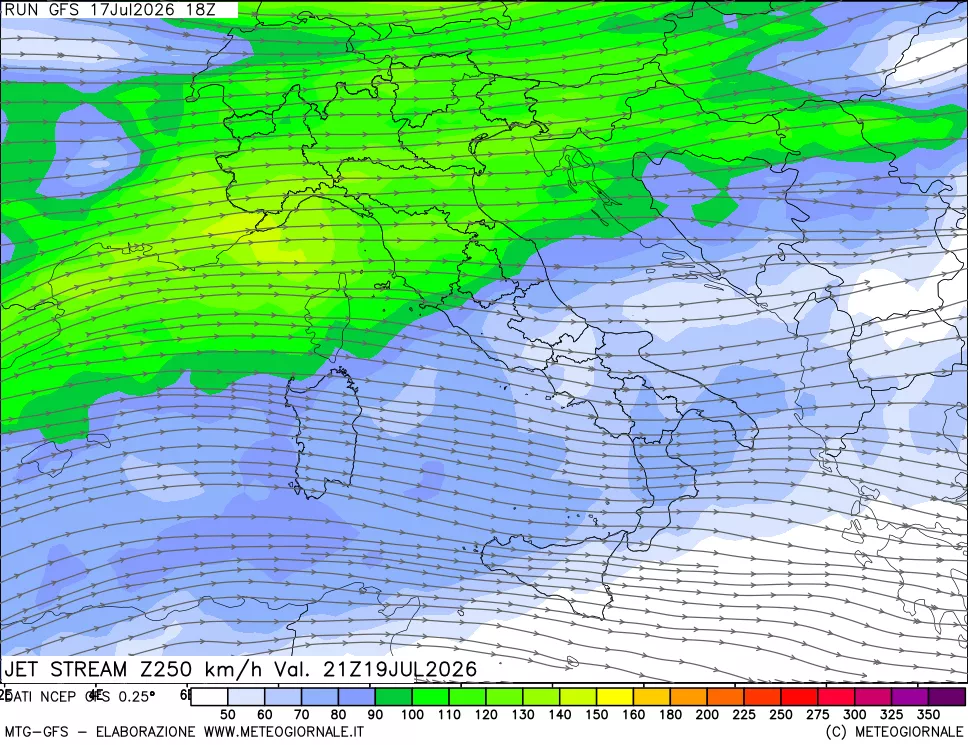 mappa 250 hPa Jet stream