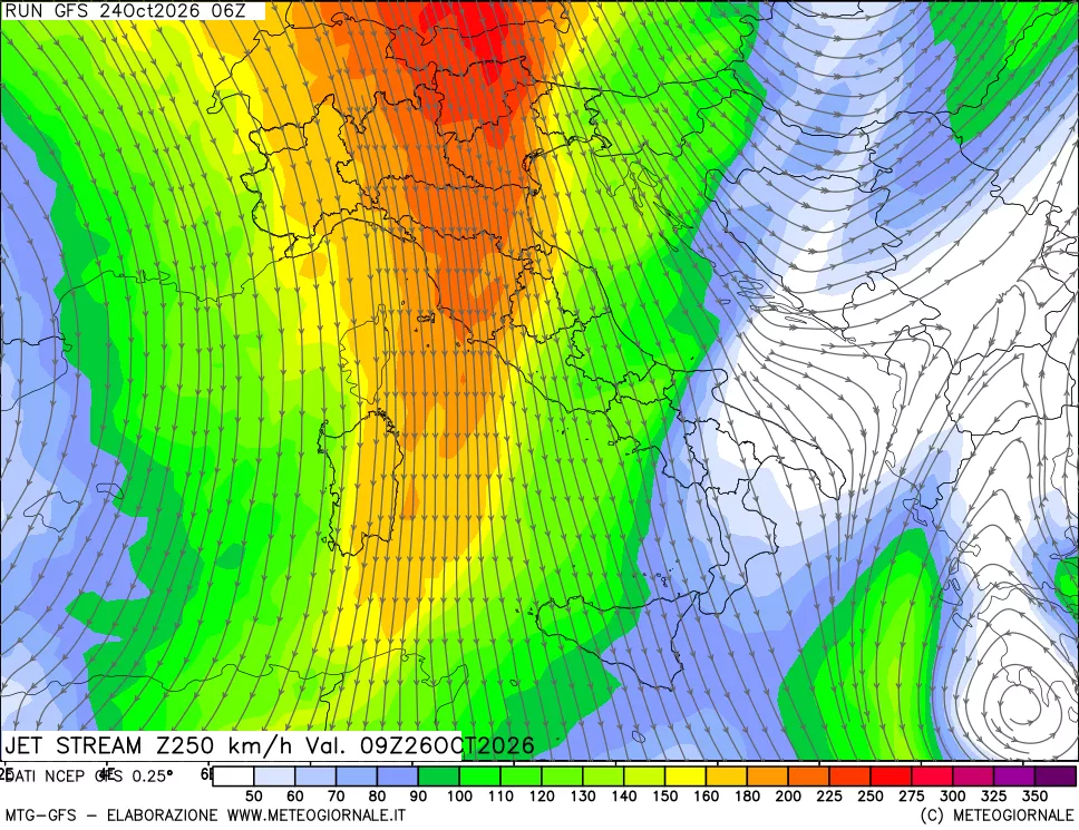 mappa 250 hPa Jet stream