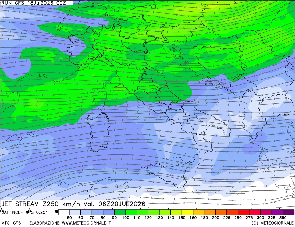 mappa 250 hPa Jet stream