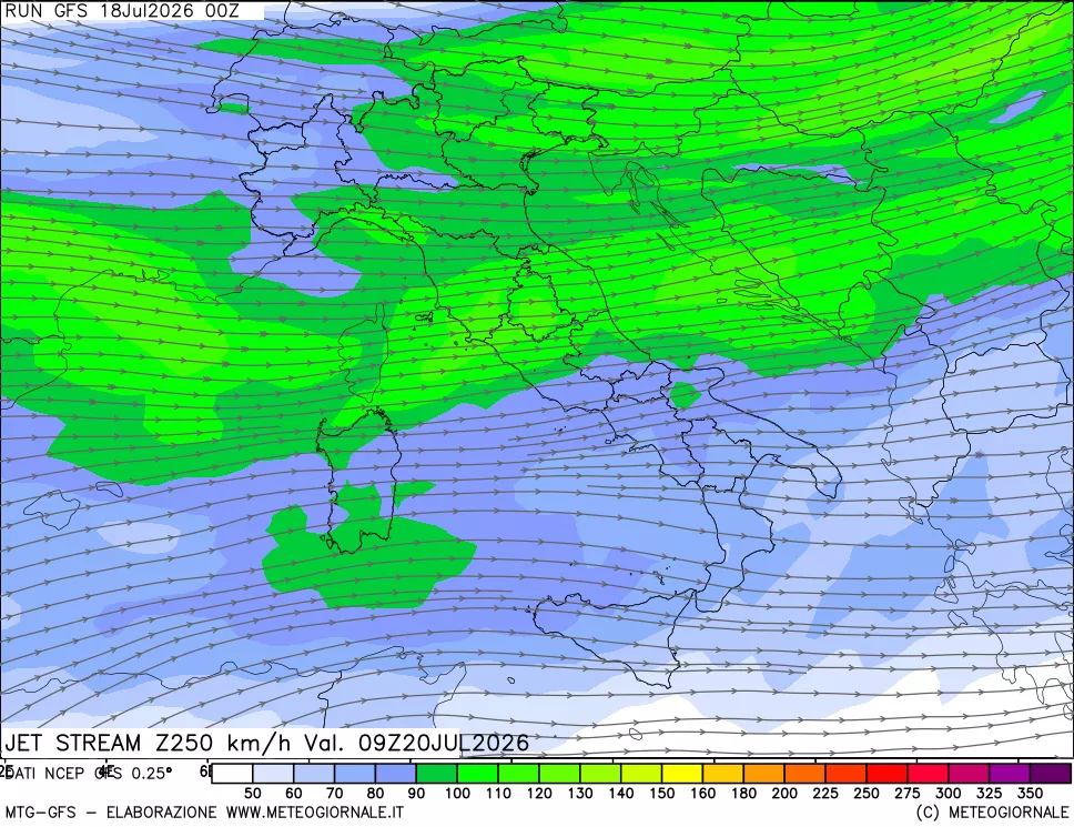 mappa 250 hPa Jet stream