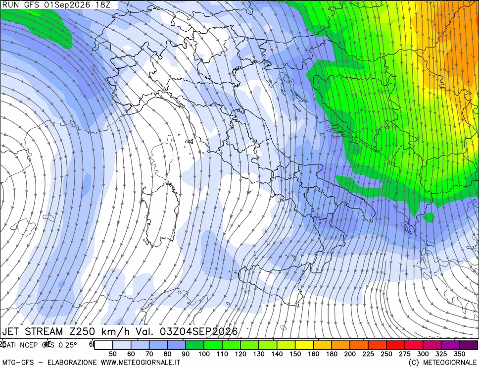 mappa 250 hPa Jet stream