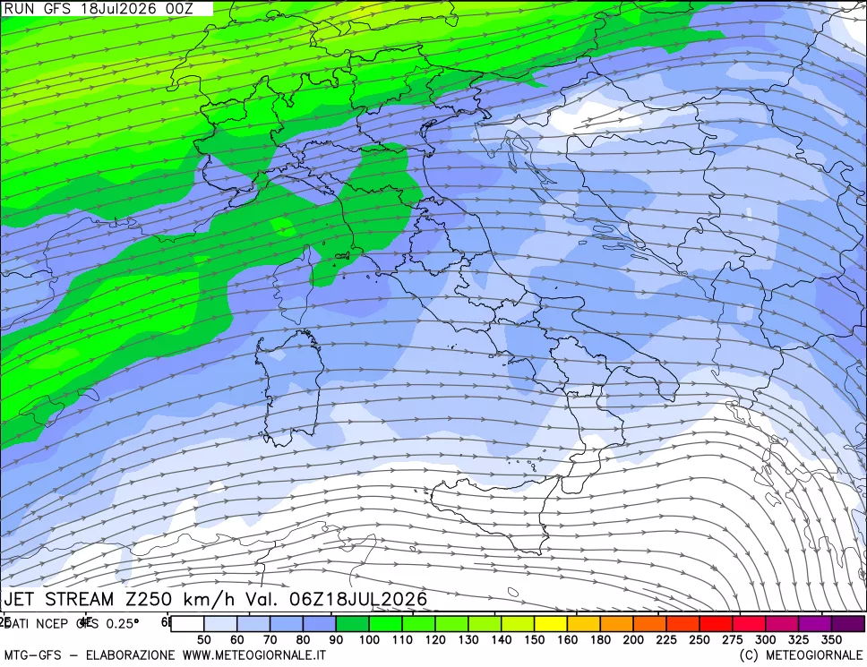 mappa 250 hPa Jet stream