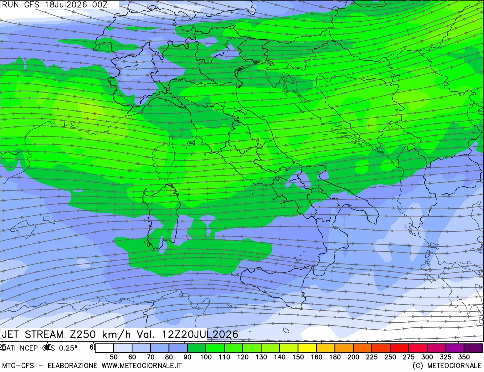 mappa 250 hPa Jet stream
