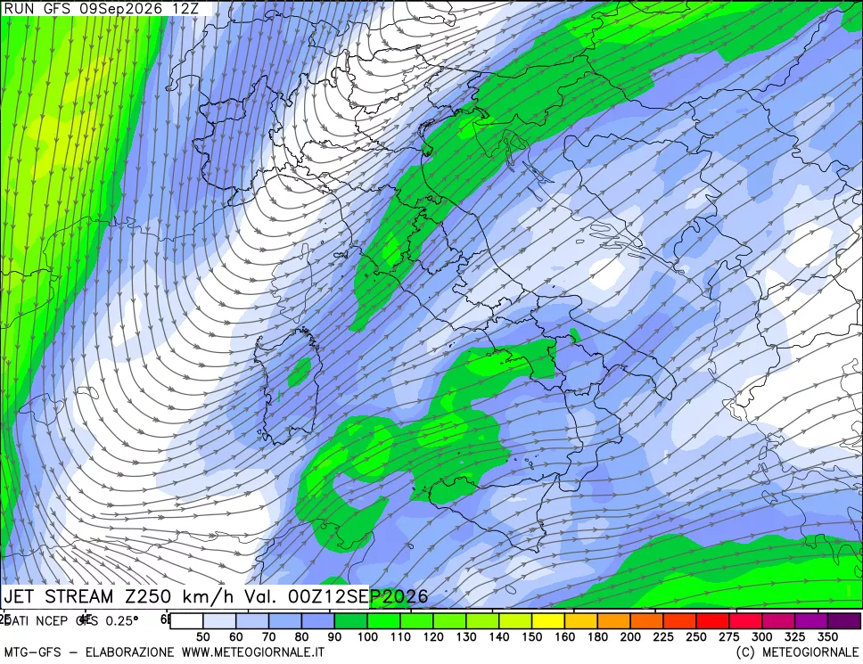 mappa 250 hPa Jet stream