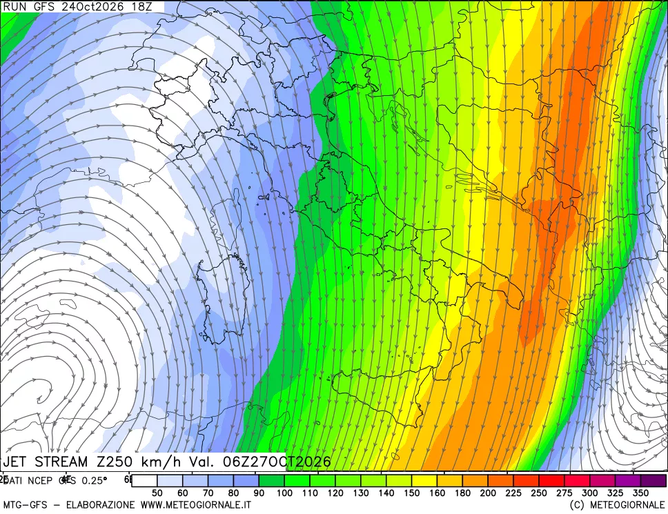 mappa 250 hPa Jet stream