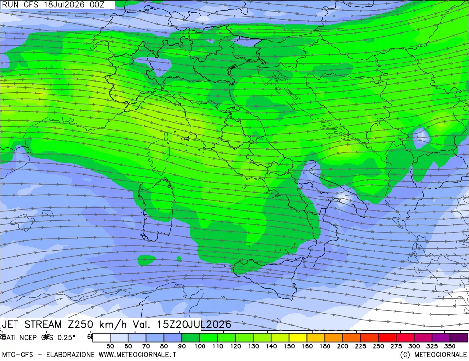 mappa 250 hPa Jet stream