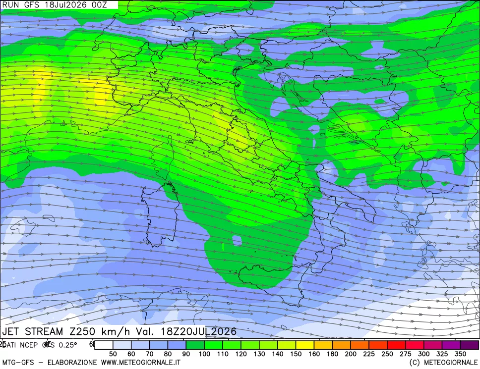 mappa 250 hPa Jet stream
