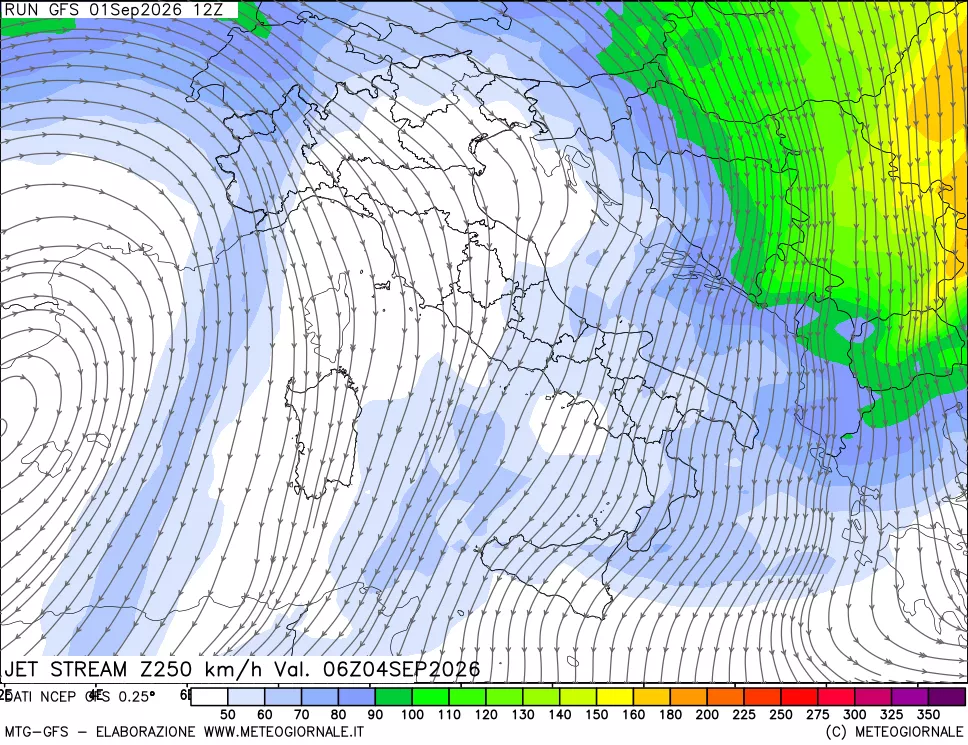 mappa 250 hPa Jet stream