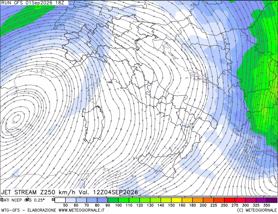 mappa 250 hPa Jet stream