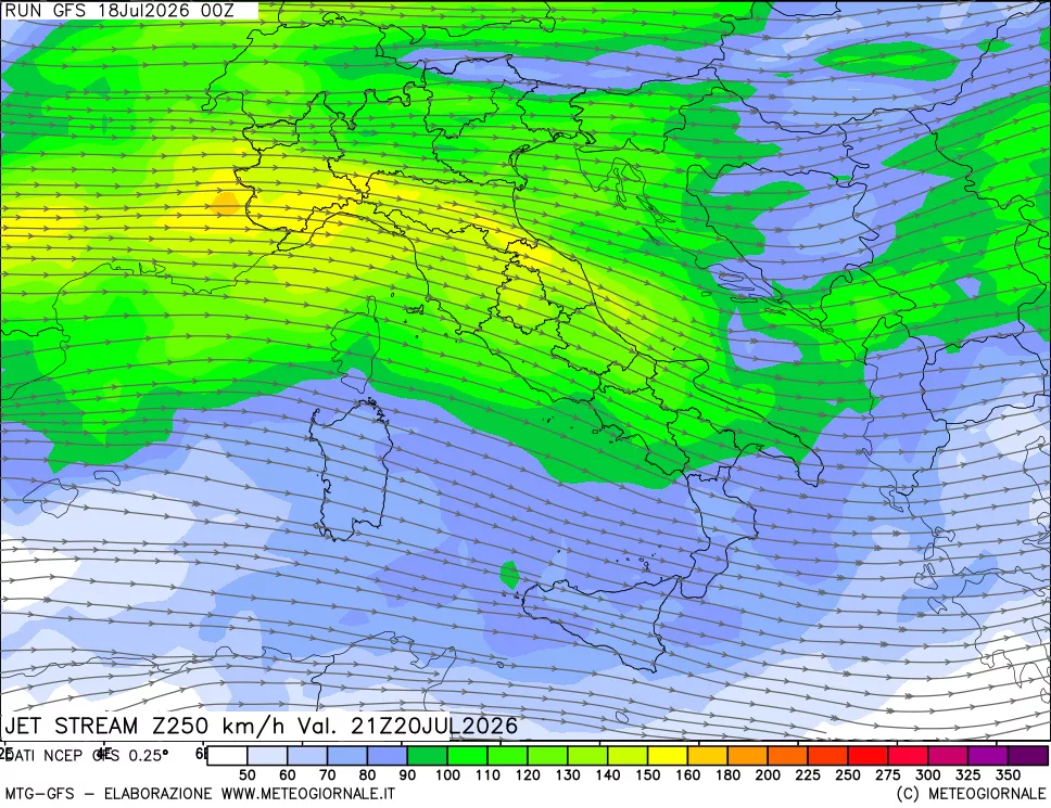 mappa 250 hPa Jet stream