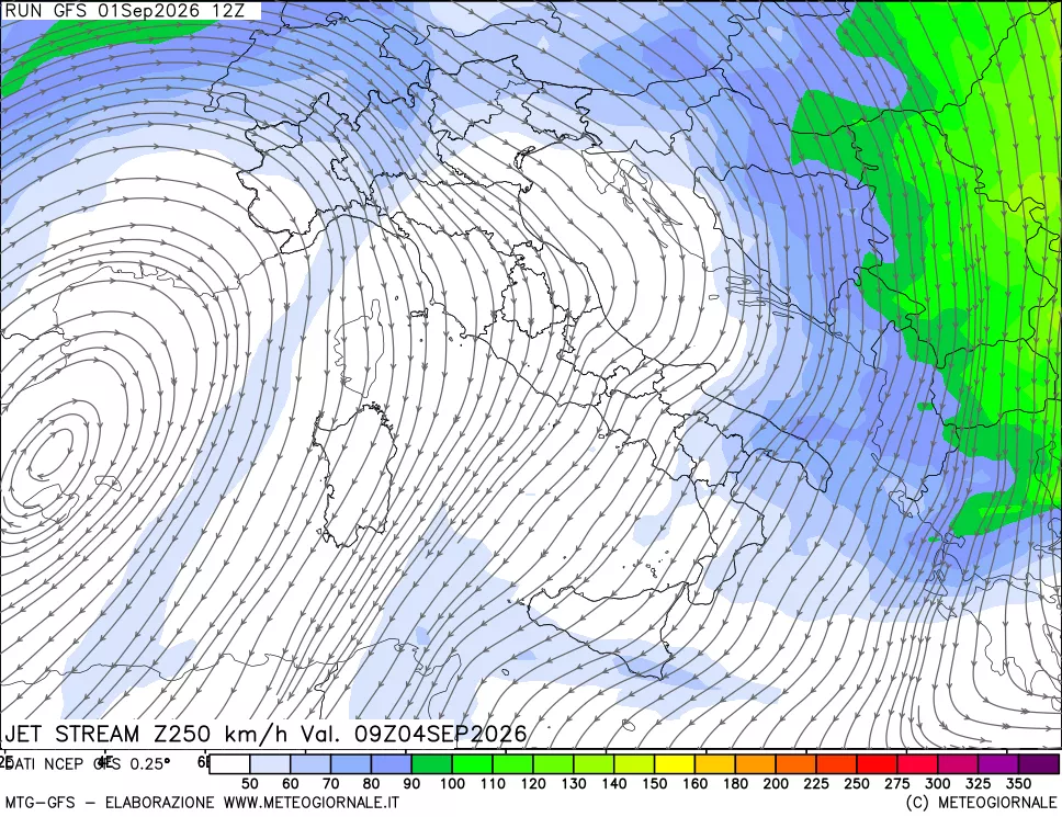 mappa 250 hPa Jet stream