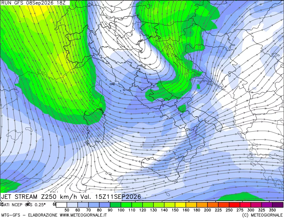 mappa 250 hPa Jet stream