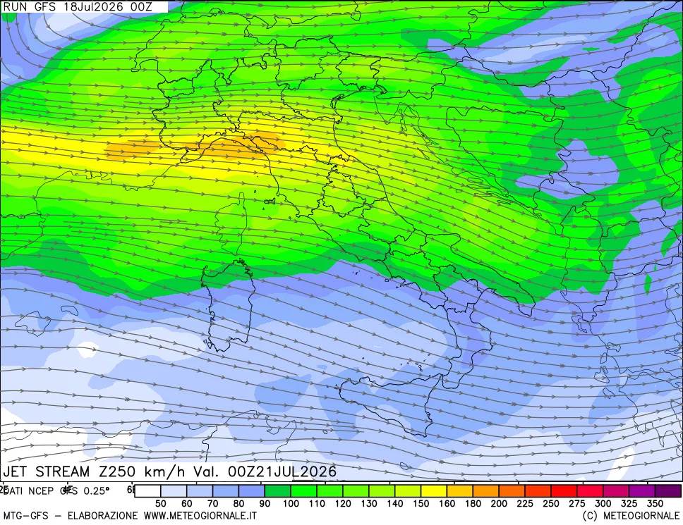 mappa 250 hPa Jet stream
