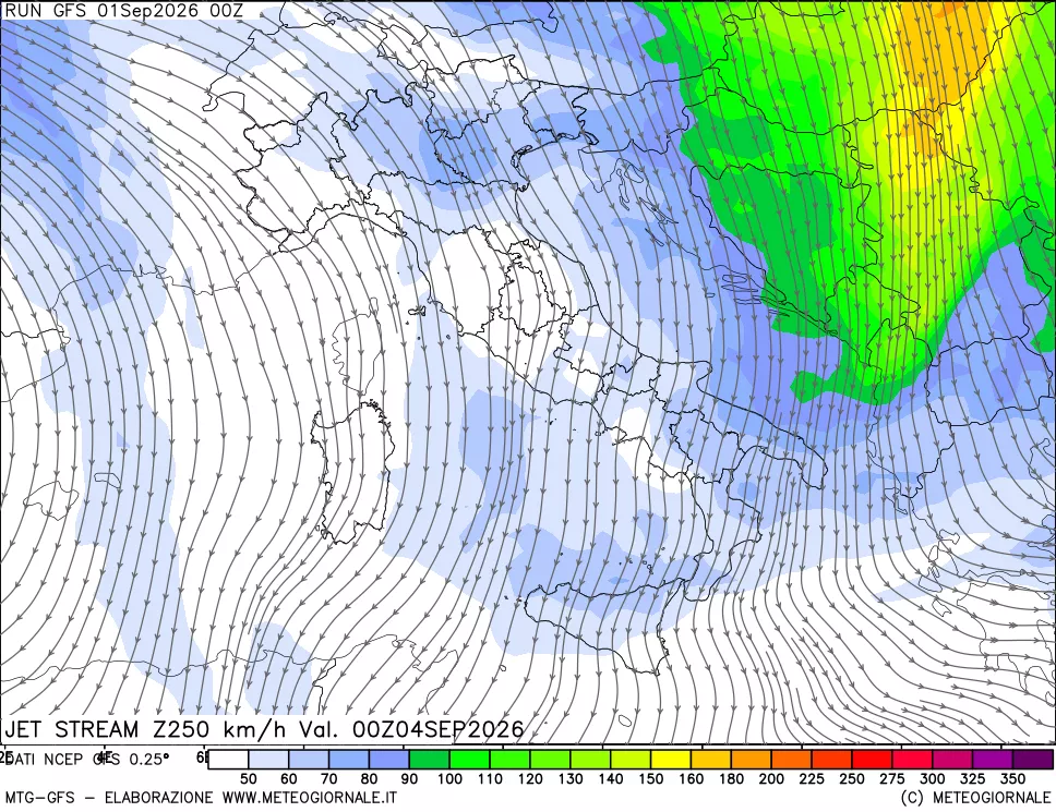 mappa 250 hPa Jet stream