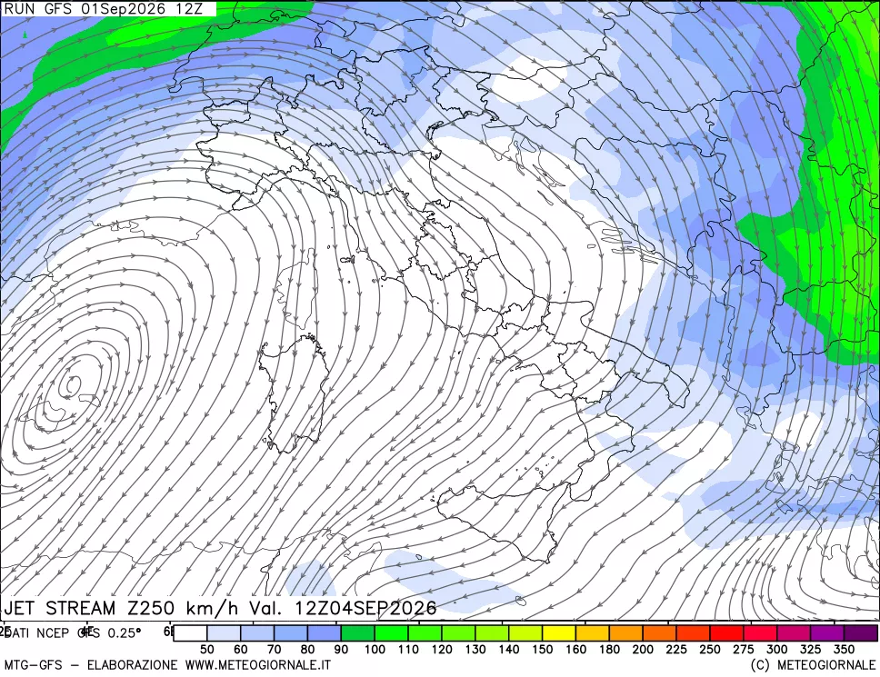 mappa 250 hPa Jet stream