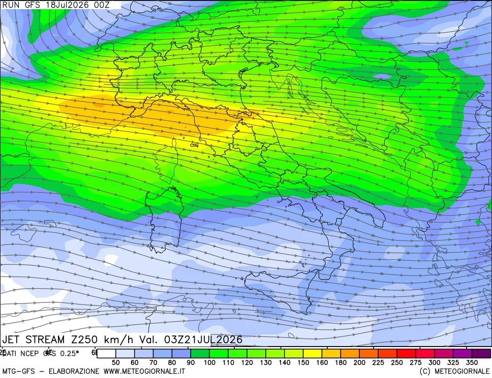 mappa 250 hPa Jet stream