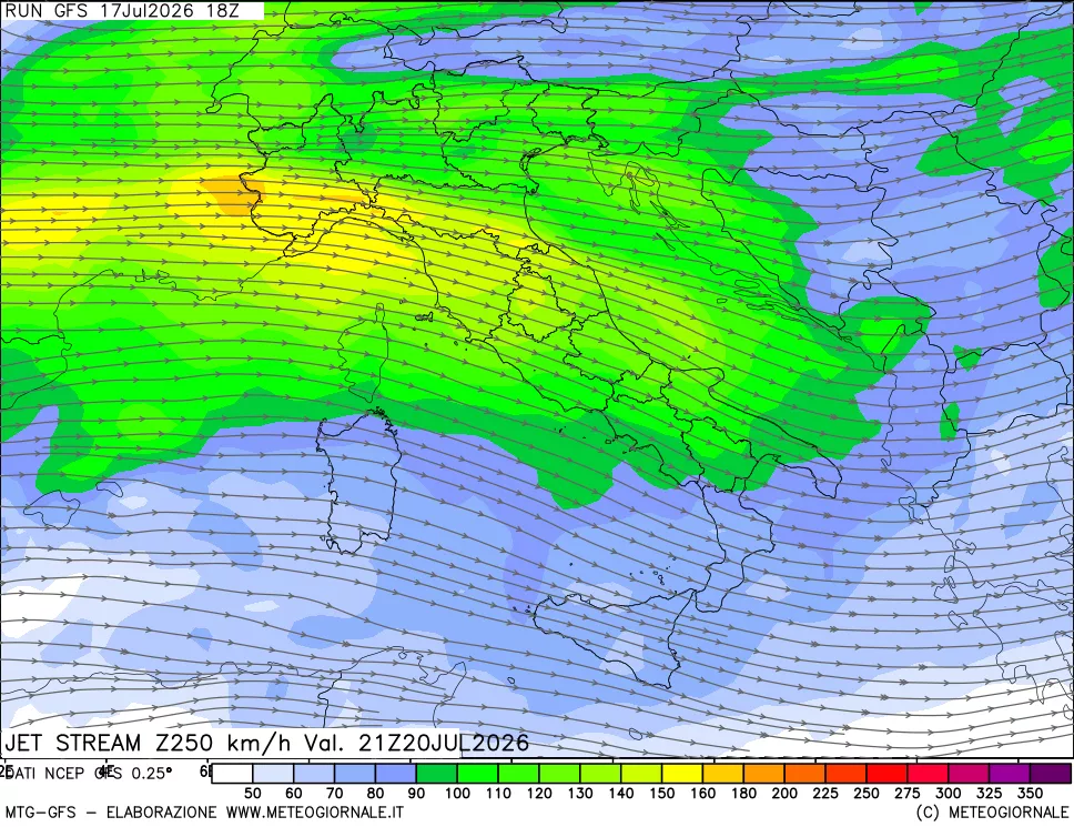 mappa 250 hPa Jet stream