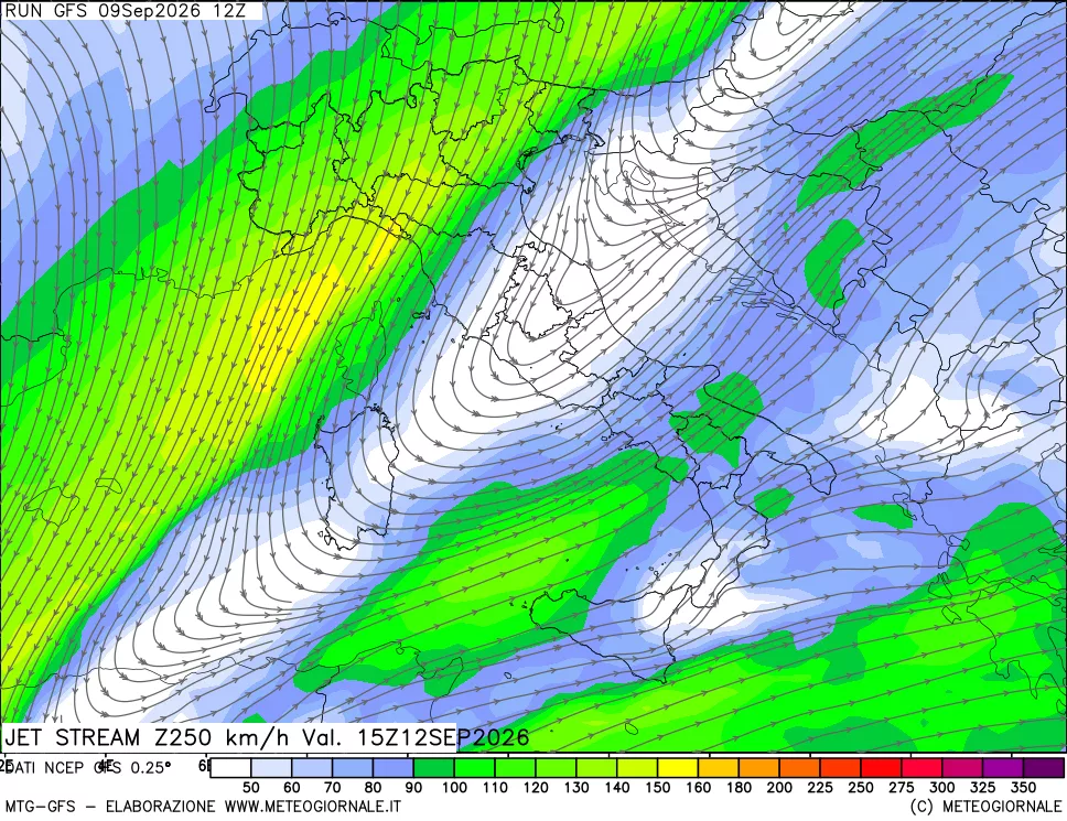 mappa 250 hPa Jet stream