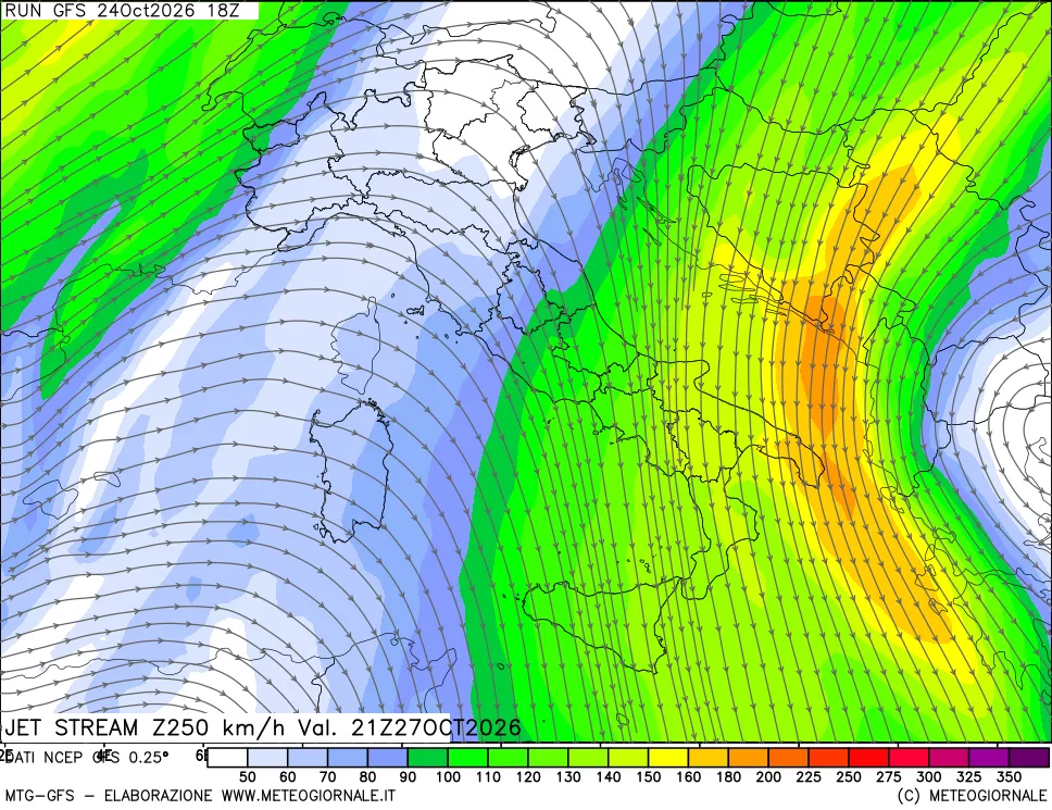 mappa 250 hPa Jet stream