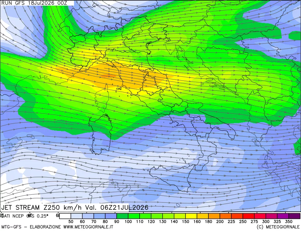 mappa 250 hPa Jet stream