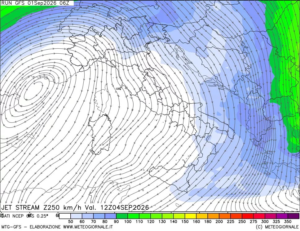 mappa 250 hPa Jet stream