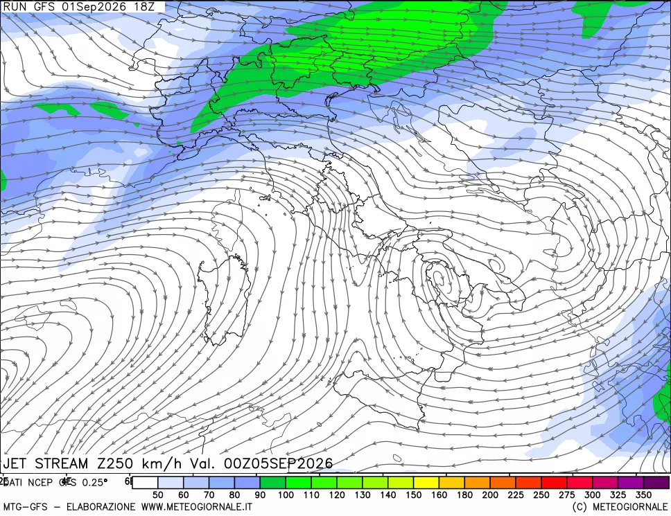 mappa 250 hPa Jet stream