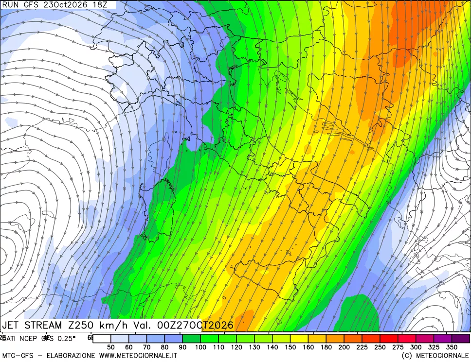 mappa 250 hPa Jet stream