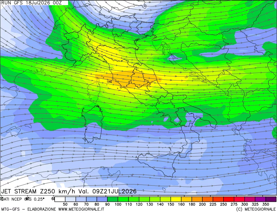 mappa 250 hPa Jet stream