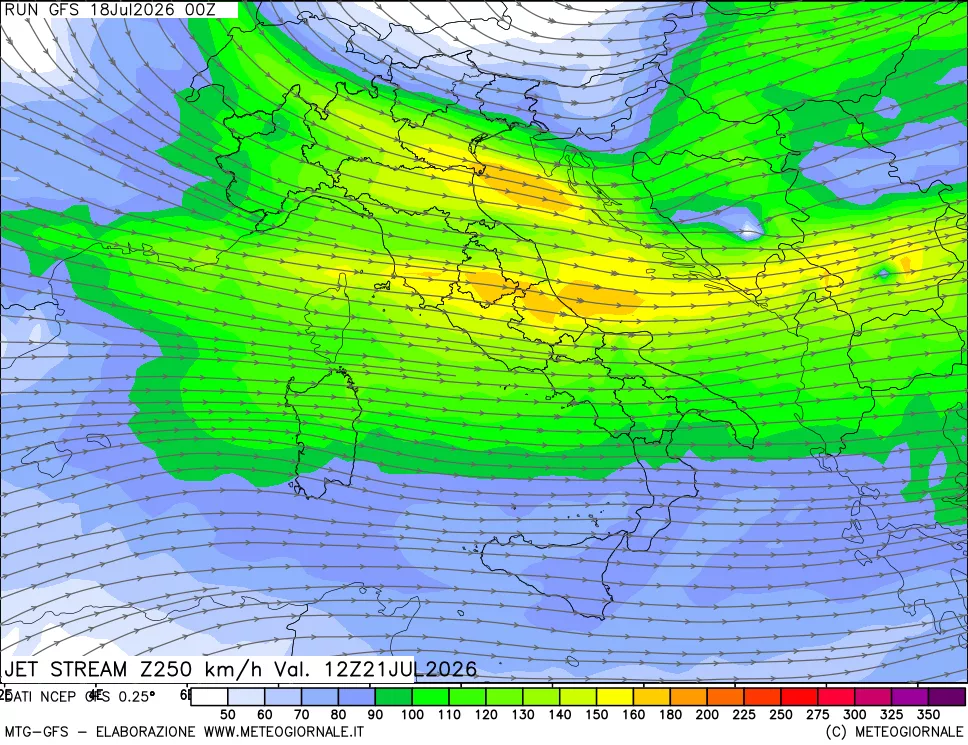 mappa 250 hPa Jet stream