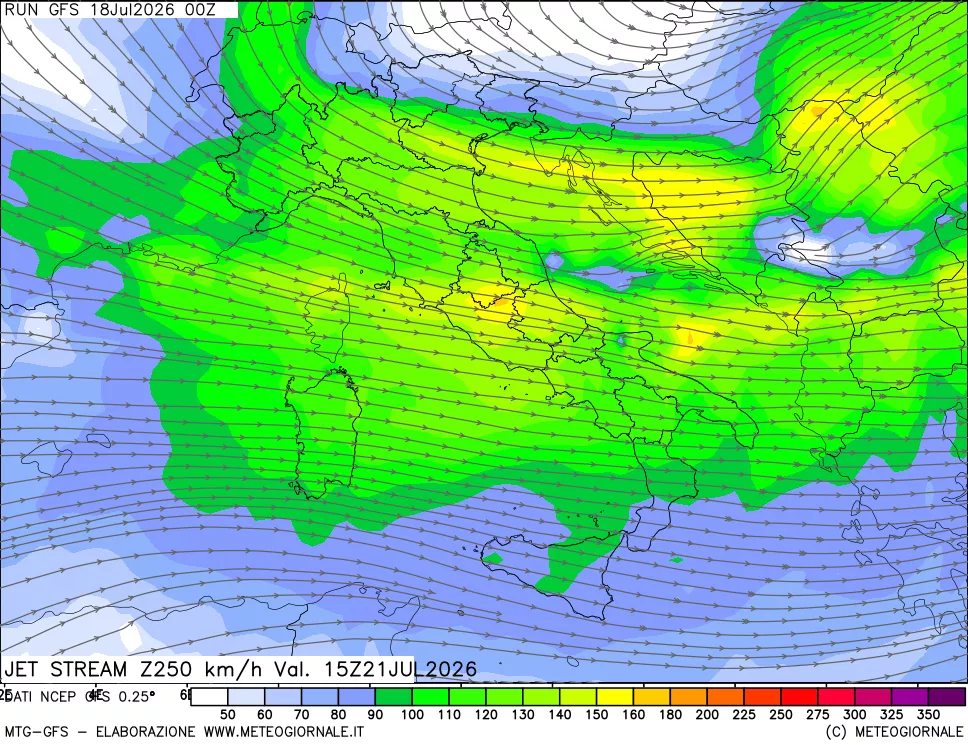 mappa 250 hPa Jet stream