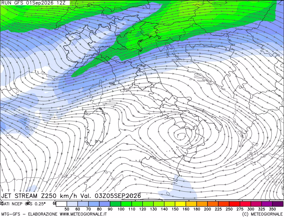 mappa 250 hPa Jet stream