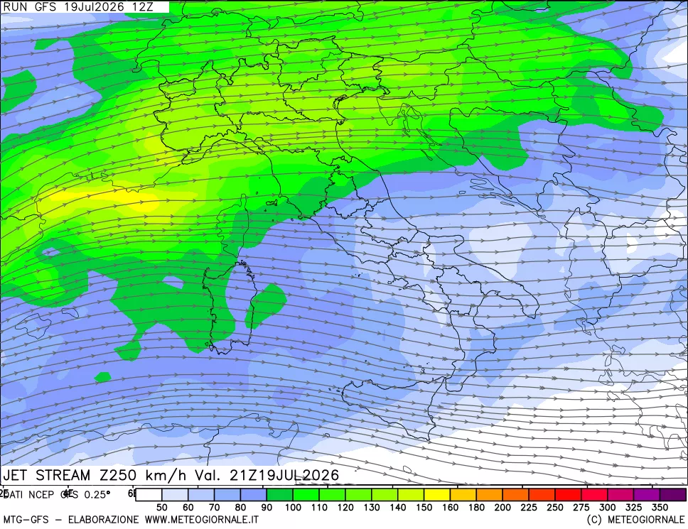 mappa 250 hPa Jet stream