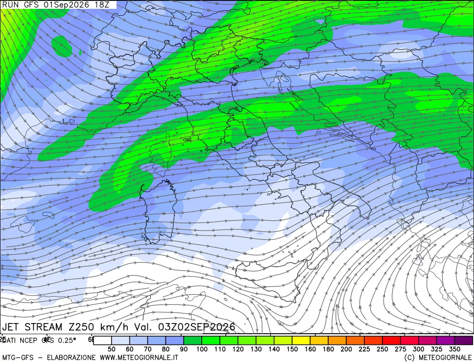 mappa 250 hPa Jet stream