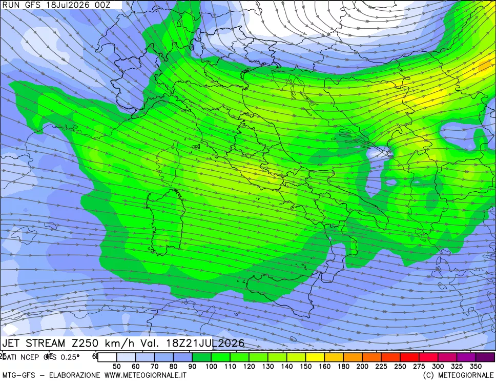 mappa 250 hPa Jet stream