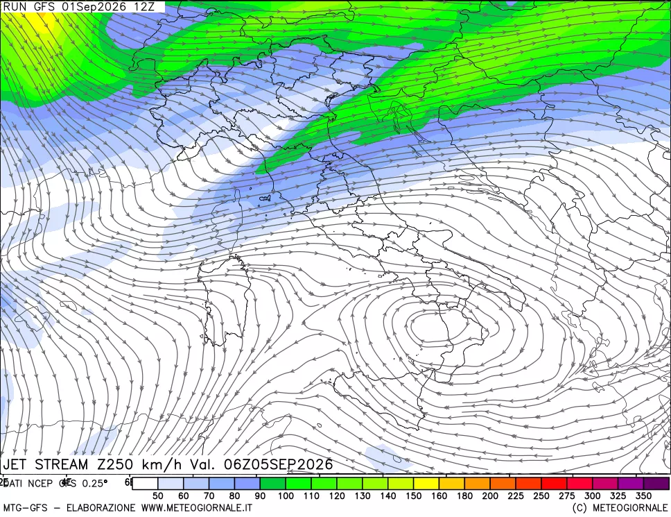 mappa 250 hPa Jet stream