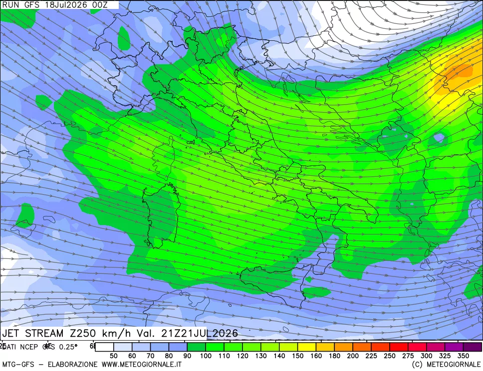 mappa 250 hPa Jet stream