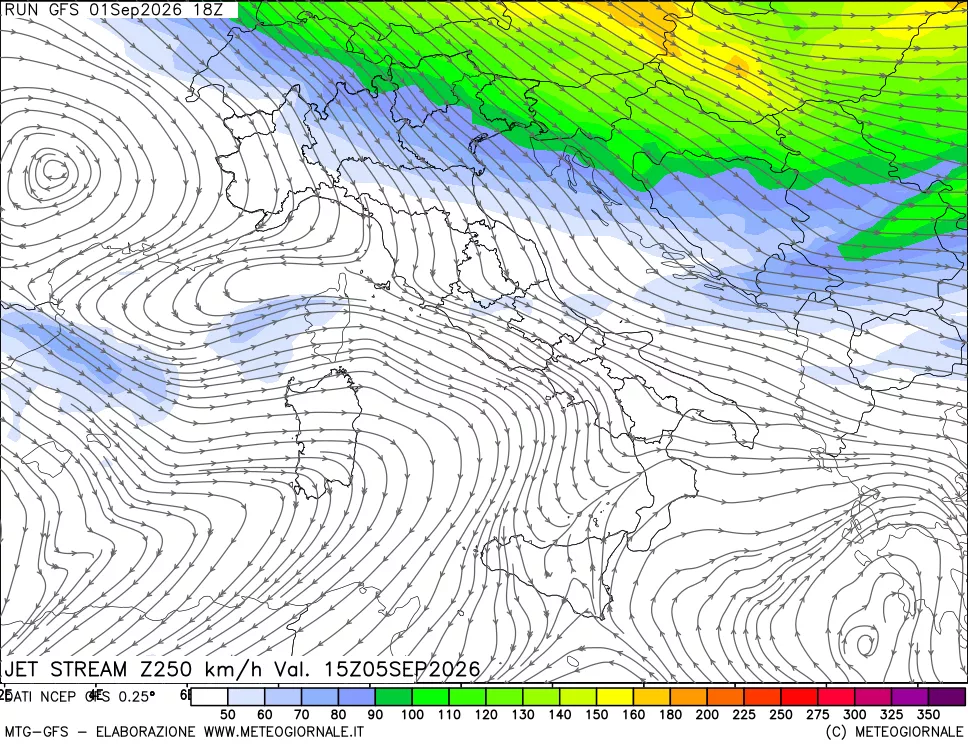 mappa 250 hPa Jet stream