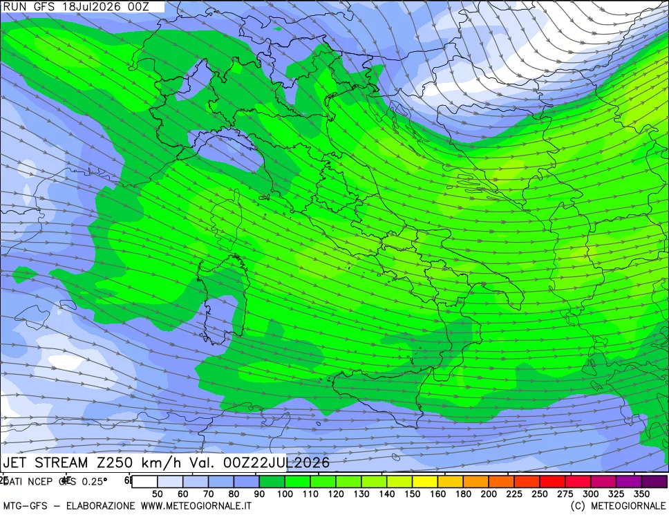 mappa 250 hPa Jet stream