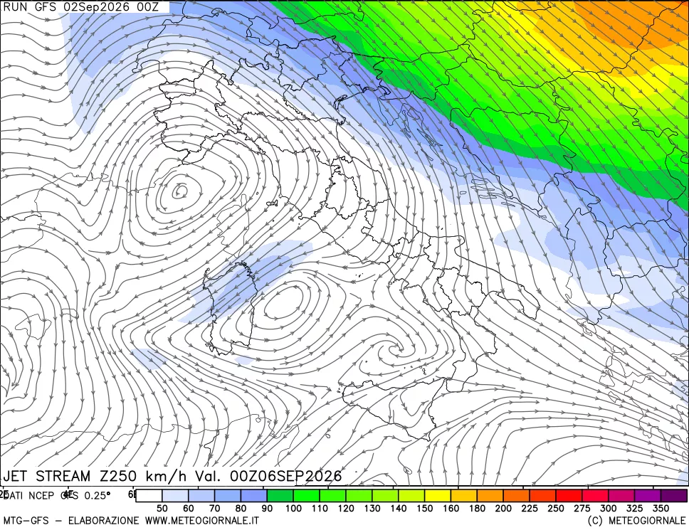 mappa 250 hPa Jet stream